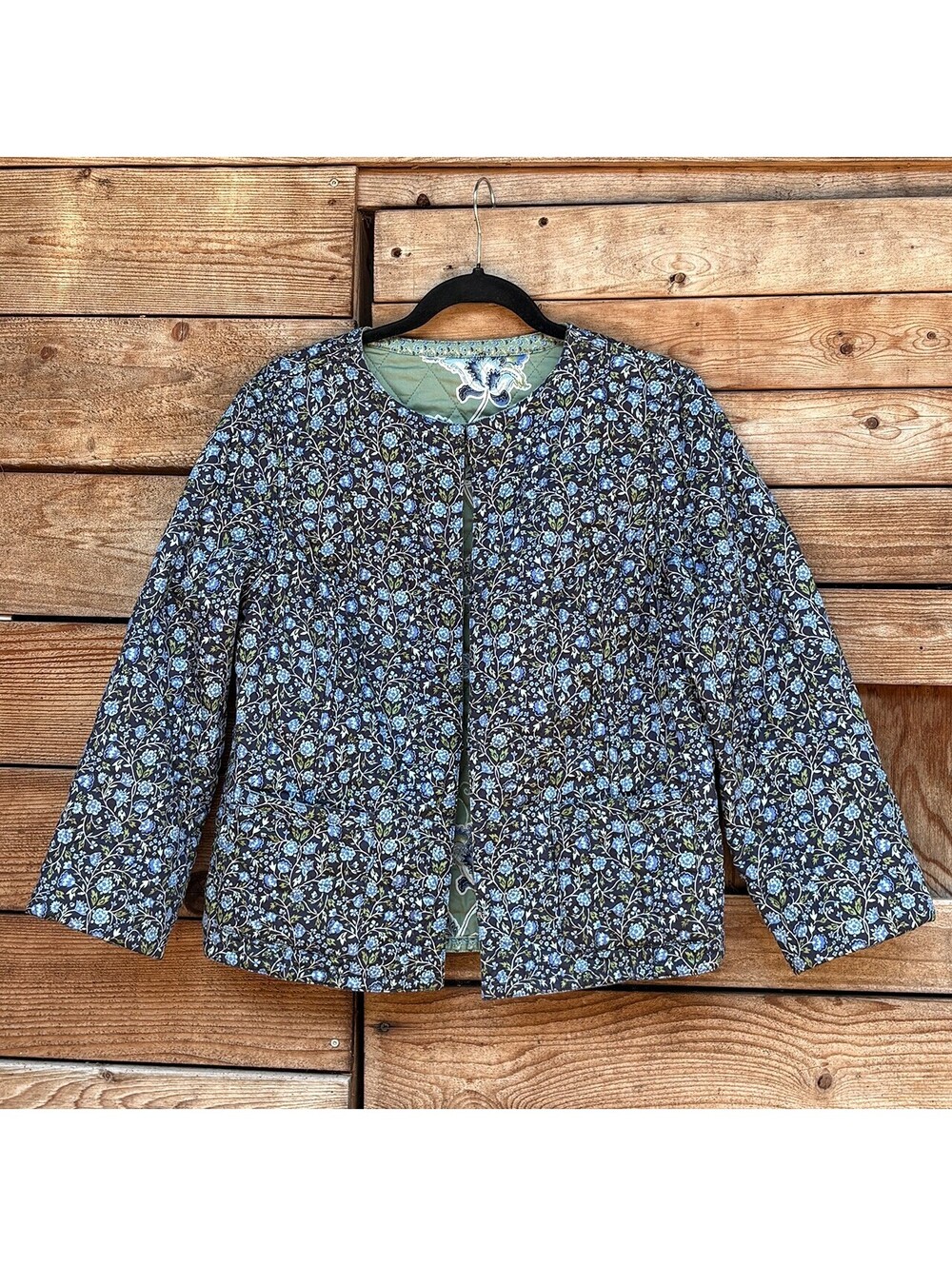 Reversible Quilted Floral Jacket with Blue and Green Patterns